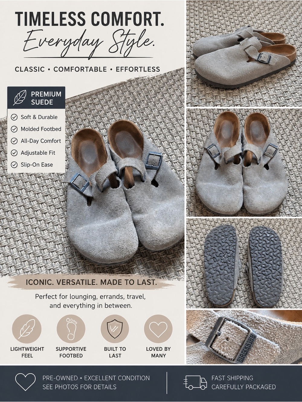 Birkenstock Boston Gray Blue Suede Clogs Adjust Buckle Slip-On Women’s Size 8